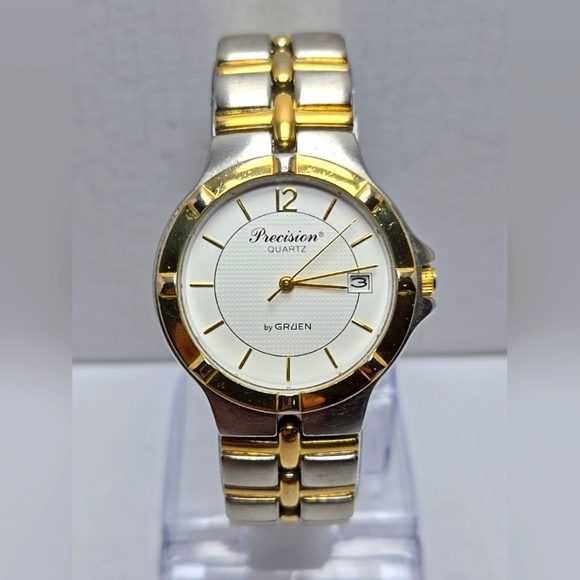 Precision Gruen Watch Mens 36mm Silver Gold Two Toned Date New Battery - Picture 1 of 11